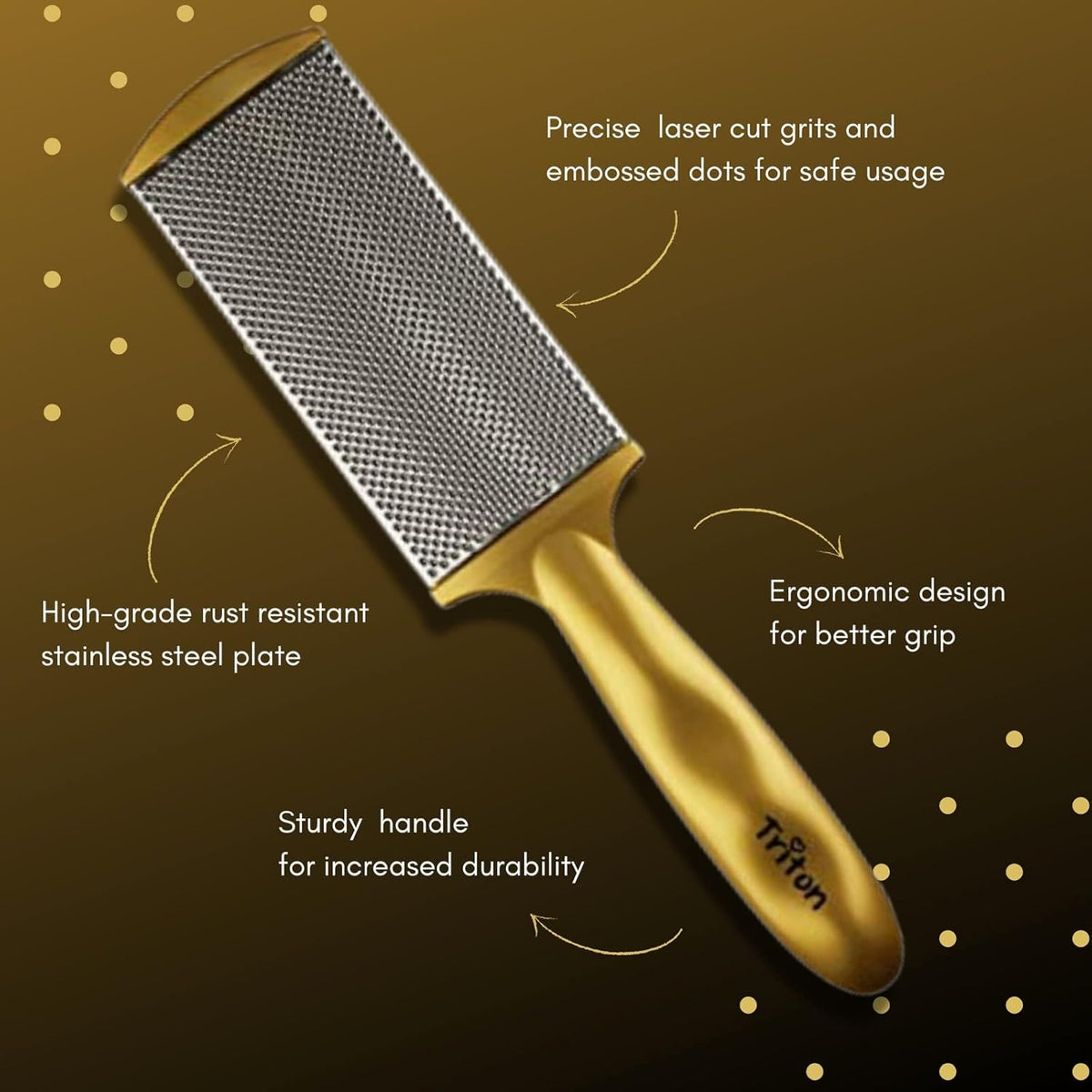 TRITON Professional Dual Sided Foot Scraper for Pedicure Filer with Steel n Emery Pad, Hard n Dead Skin Removing Callus Remover Foot Scrubber_Golden - 3