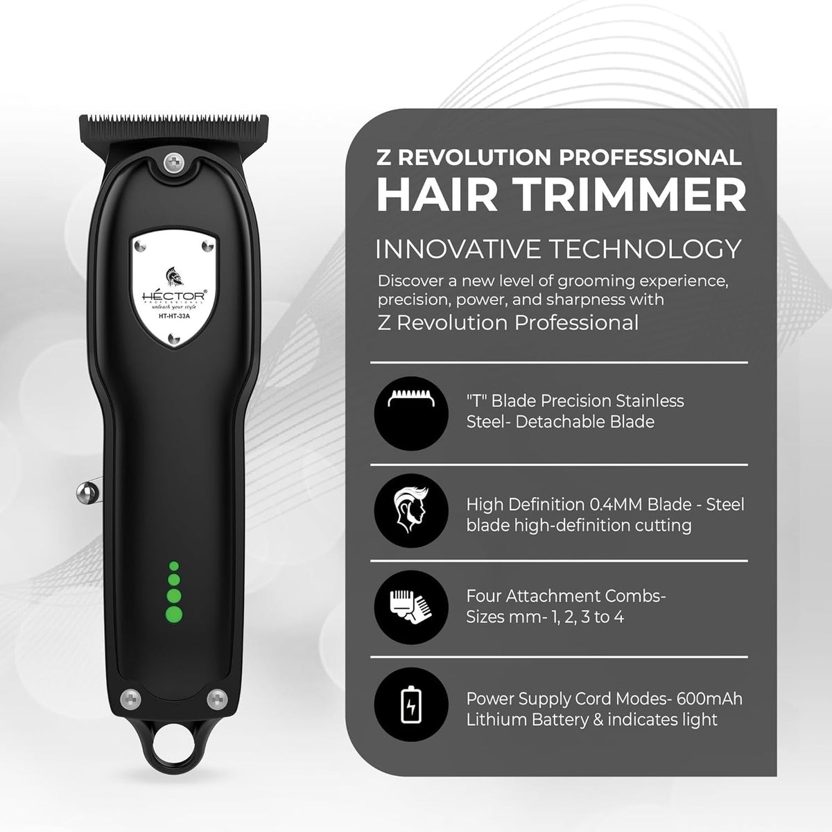 Hector Z Revolution Professional Hair Trimmer | ZERO CUT Technology | T-Blade for 0.4mm Precision - 3
