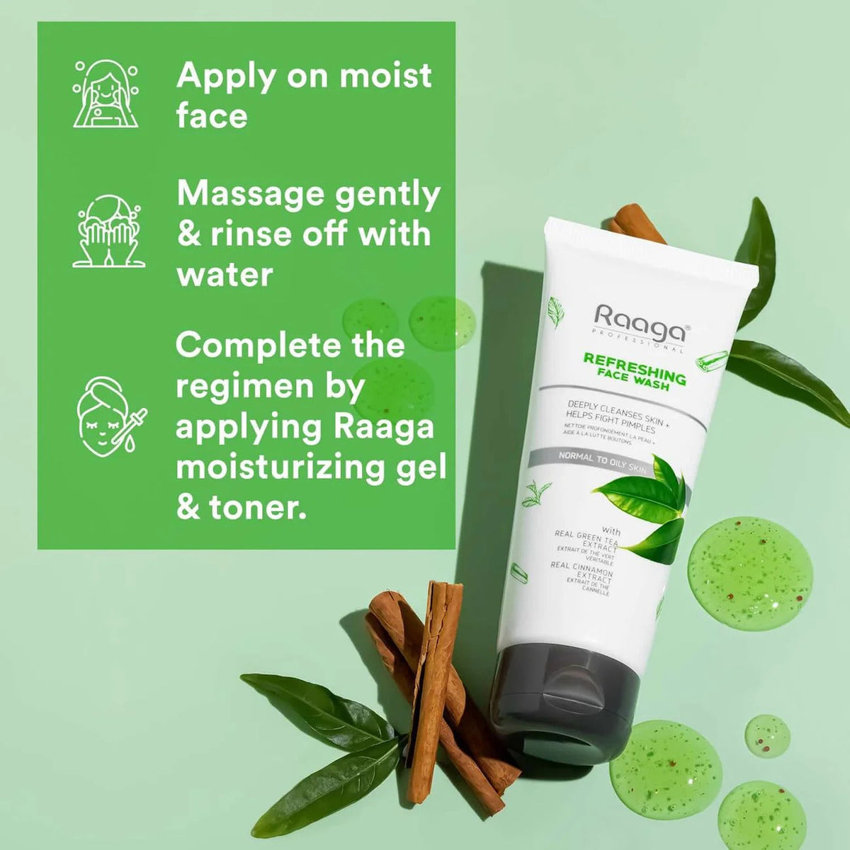 Raaga Professional Refreshing Face Wash with Green Tea & Cinnamon Extract – For Normal to Oily Skin | Fights Pimples & Deeply Cleanses – 80 ml - 8