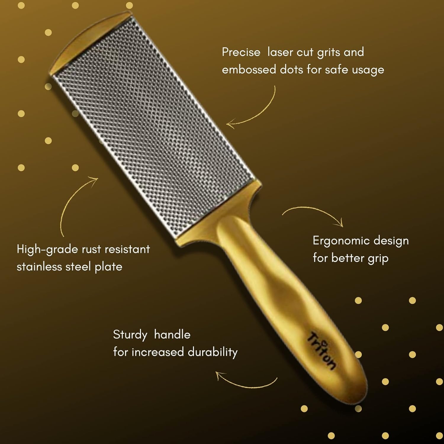 TRITON Professional Dual Sided Foot Scraper for Pedicure Filer with Steel n Emery Pad, Hard n Dead Skin Removing Callus Remover Foot Scrubber_Golden - 3