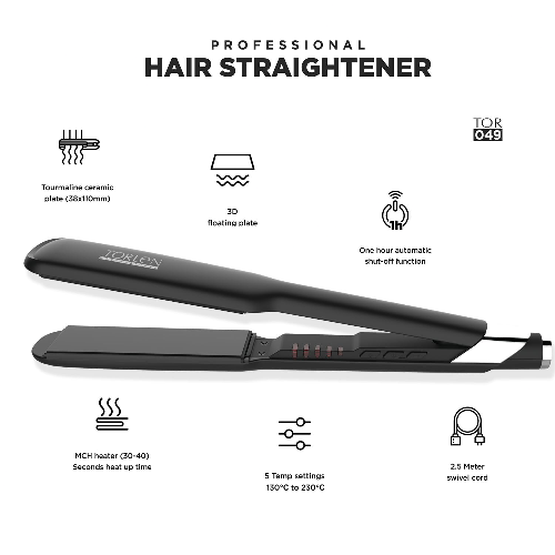 TORLEN PROFESSIONAL TOR 049 Hair Straightener - Tourmaline Ceramic 3D Floating Wide Plates For Long Thick & Ethnic hair | Ultra quick Heat-Up & Adjustable Temperature 130 to 230 C | For Keratin & Rebonding - 3
