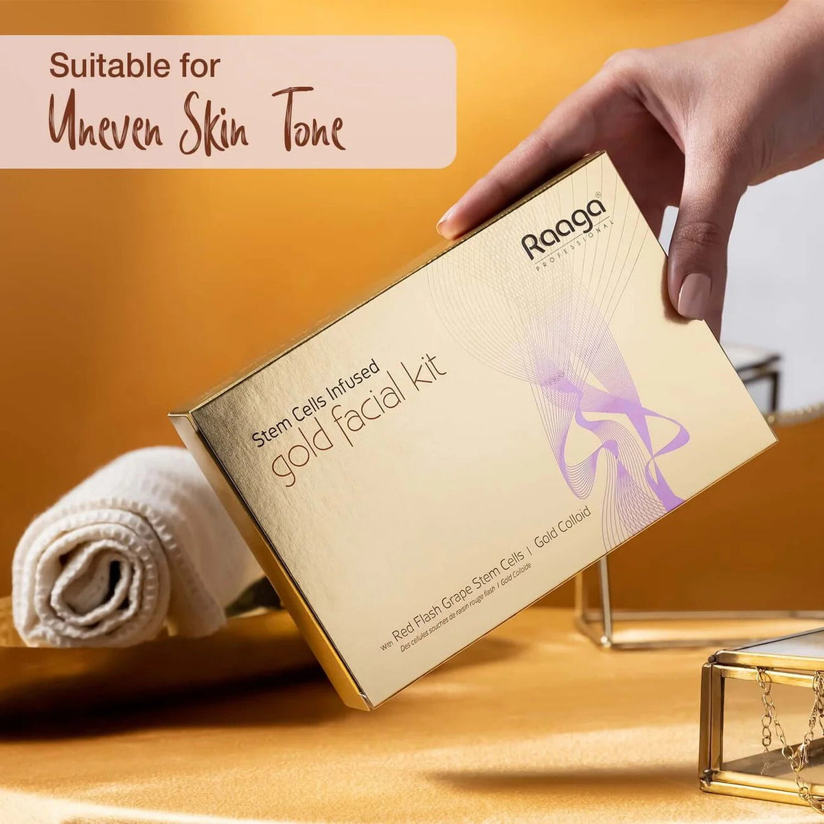 Raaga Professional Stem Cells Infused Gold Facial Kit – 6 Step Advanced Brightening Facial with Colloidal Gold & Red Flash Grape Stem Cells | Reduces Pigmentation & Boosts Radiance – 61 gm - 1