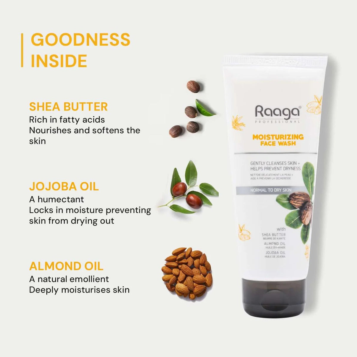 Raaga Professional Moisturizing Face Wash with Shea Butter, Almond Oil & Jojoba Oil – For Normal to Dry Skin | Gently Cleanses & Prevents Dryness – 80 ml - 3