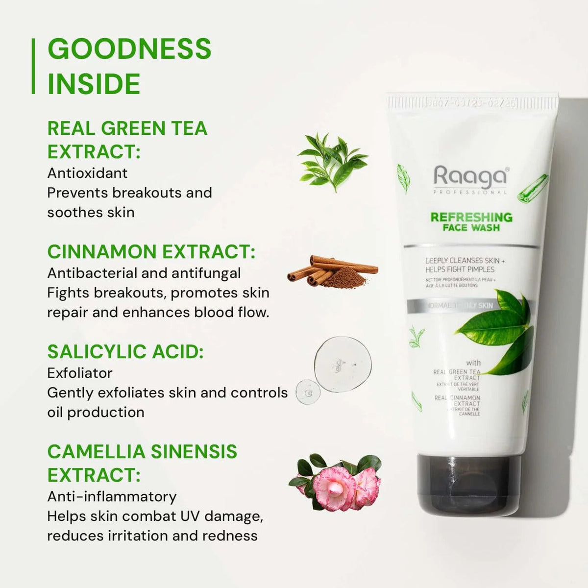 Raaga Professional Refreshing Face Wash with Green Tea & Cinnamon Extract – For Normal to Oily Skin | Fights Pimples & Deeply Cleanses – 80 ml - 3