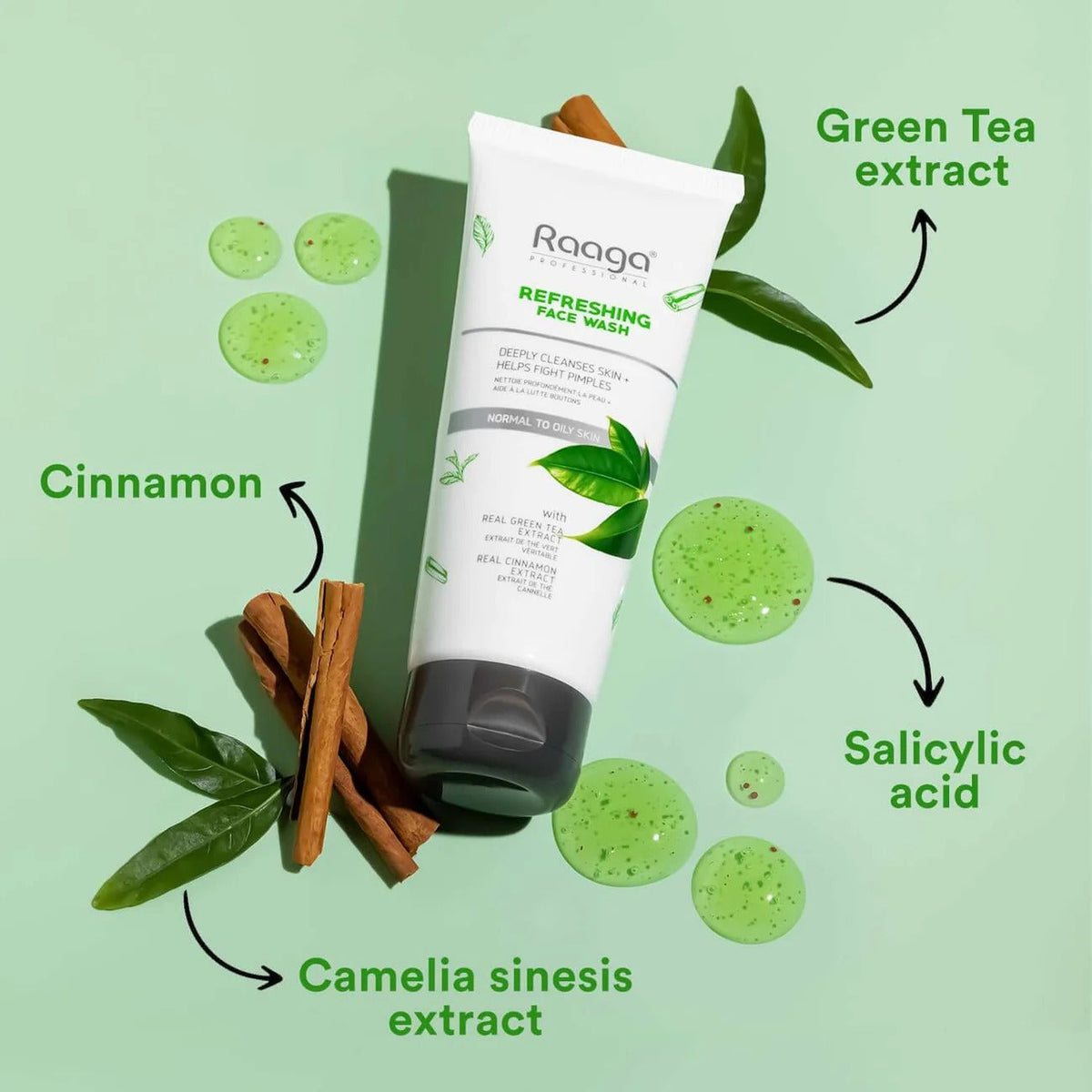 Raaga Professional Refreshing Face Wash with Green Tea & Cinnamon Extract – For Normal to Oily Skin | Fights Pimples & Deeply Cleanses – 80 ml - 5